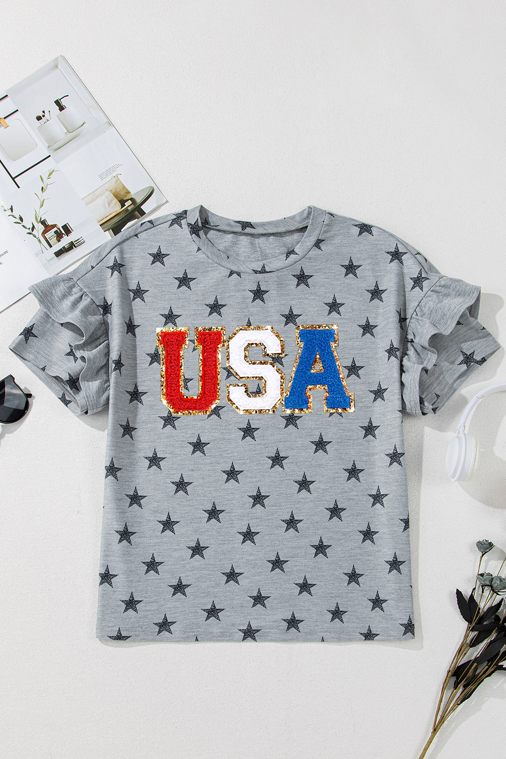 Women's Gray USA Letter Patched Star Printed Ruffle Trim Short Sleeve Tee - Detail View 9