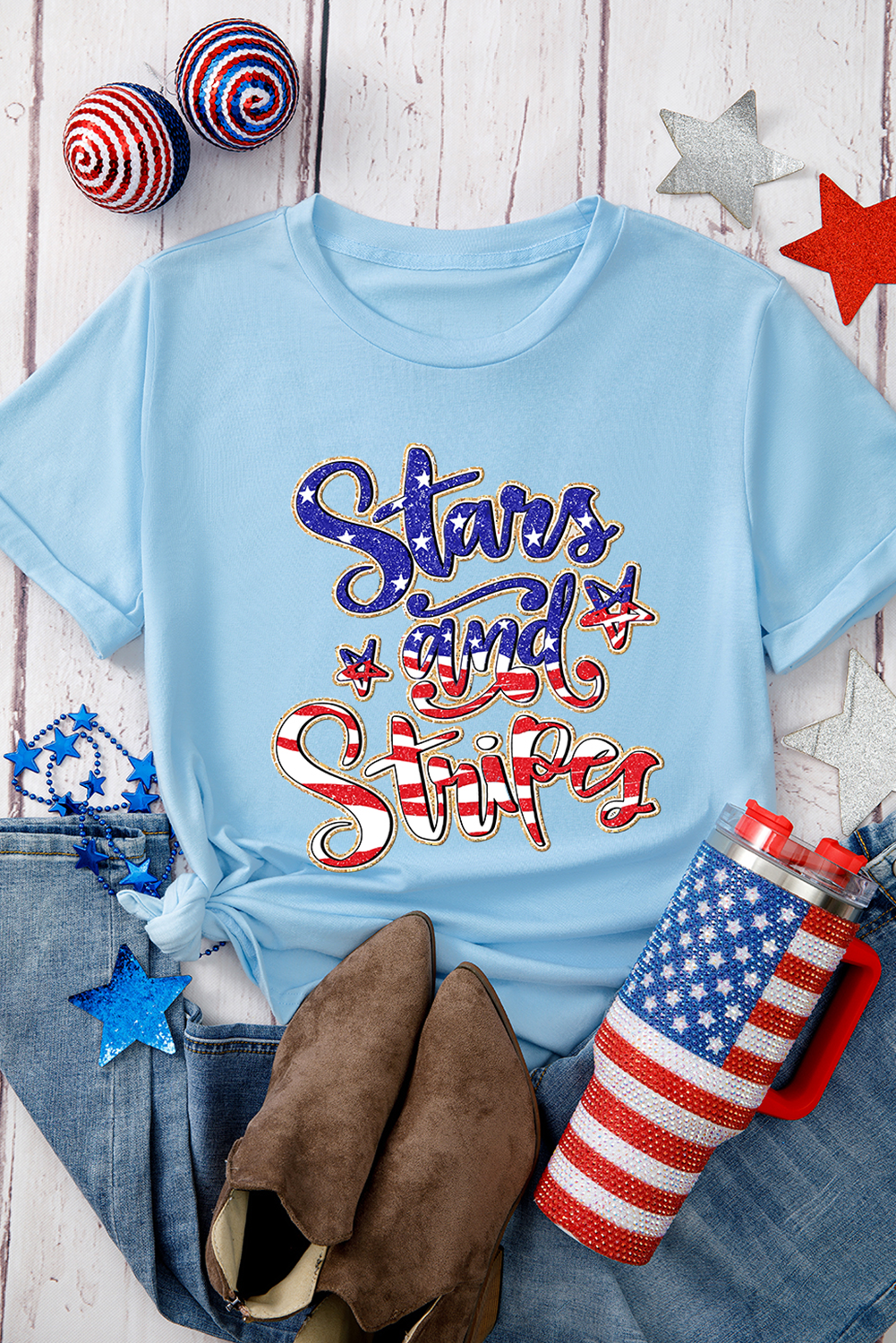 Festive Light Blue July 4th T-Shirt - Perfect for Parades and Fireworks Celebrations - Detail View 3