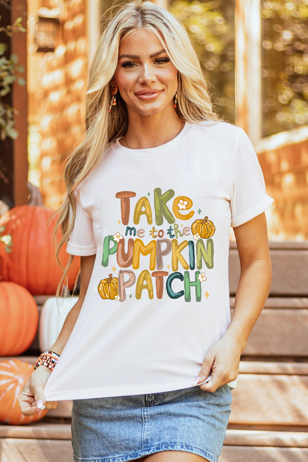Women's White 'Take Me To The Pumpkin Patch' Graphic T-Shirt - Casual Fall Tee - Detail View 9