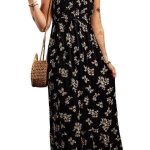 Women's Black Floral Spaghetti Strap Shirred Bodice Maxi Dress with Tied Empire Waist - Main View