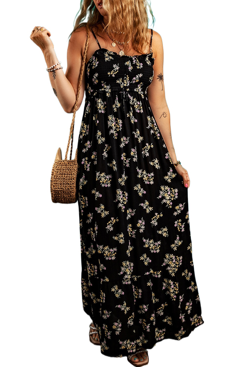 Women's Black Floral Spaghetti Strap Shirred Bodice Maxi Dress with Tied Empire Waist - Main View