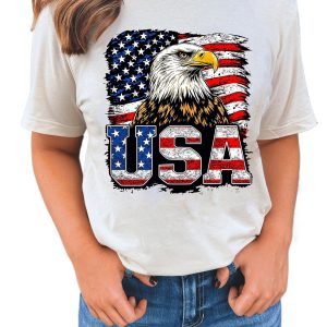 Women's White USA Flag Eagle Graphic T-Shirt for 4th of July Celebration - Main View