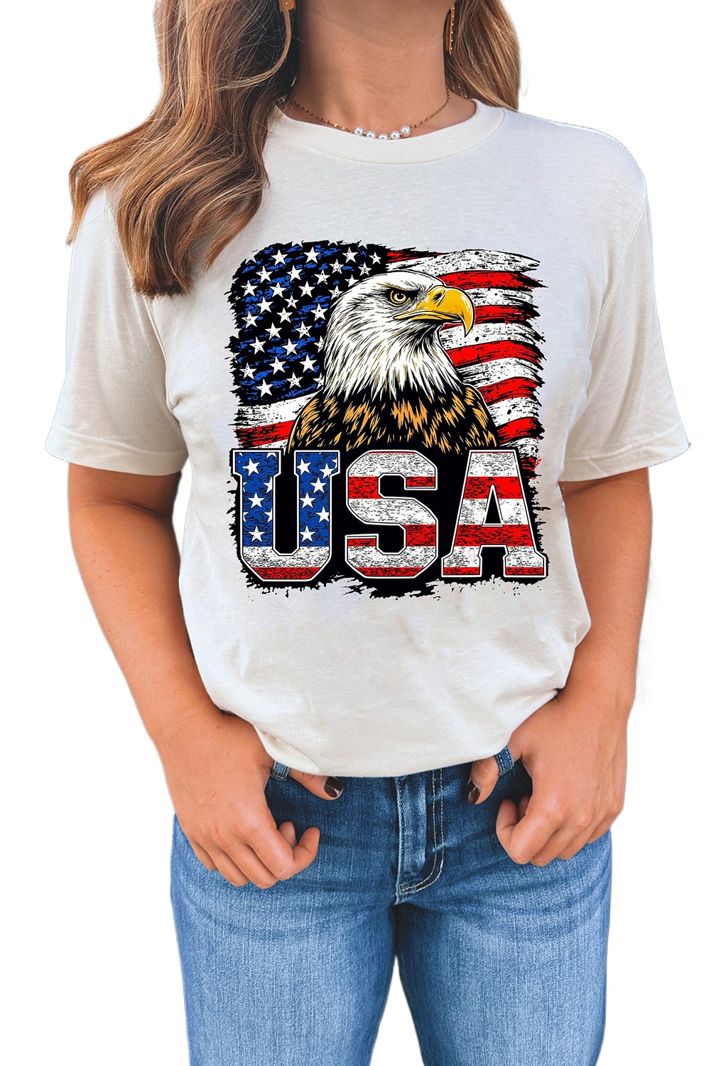 Women's White USA Flag Eagle Graphic T-Shirt for 4th of July Celebration - Main View