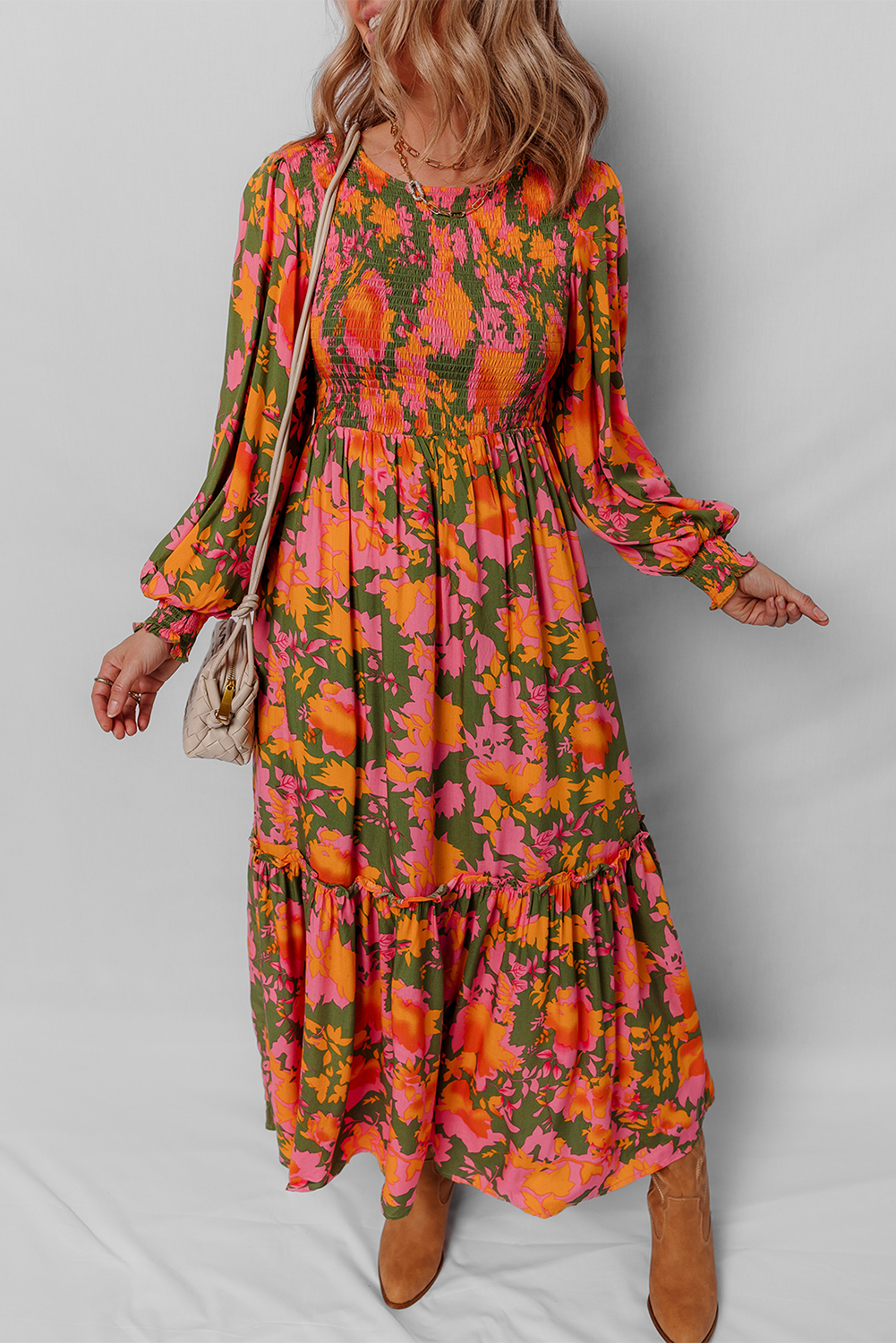 Women's Elegant Orange Floral Puff Sleeve Ruffled Long Dress with Smocked Bodice - Detail View 5