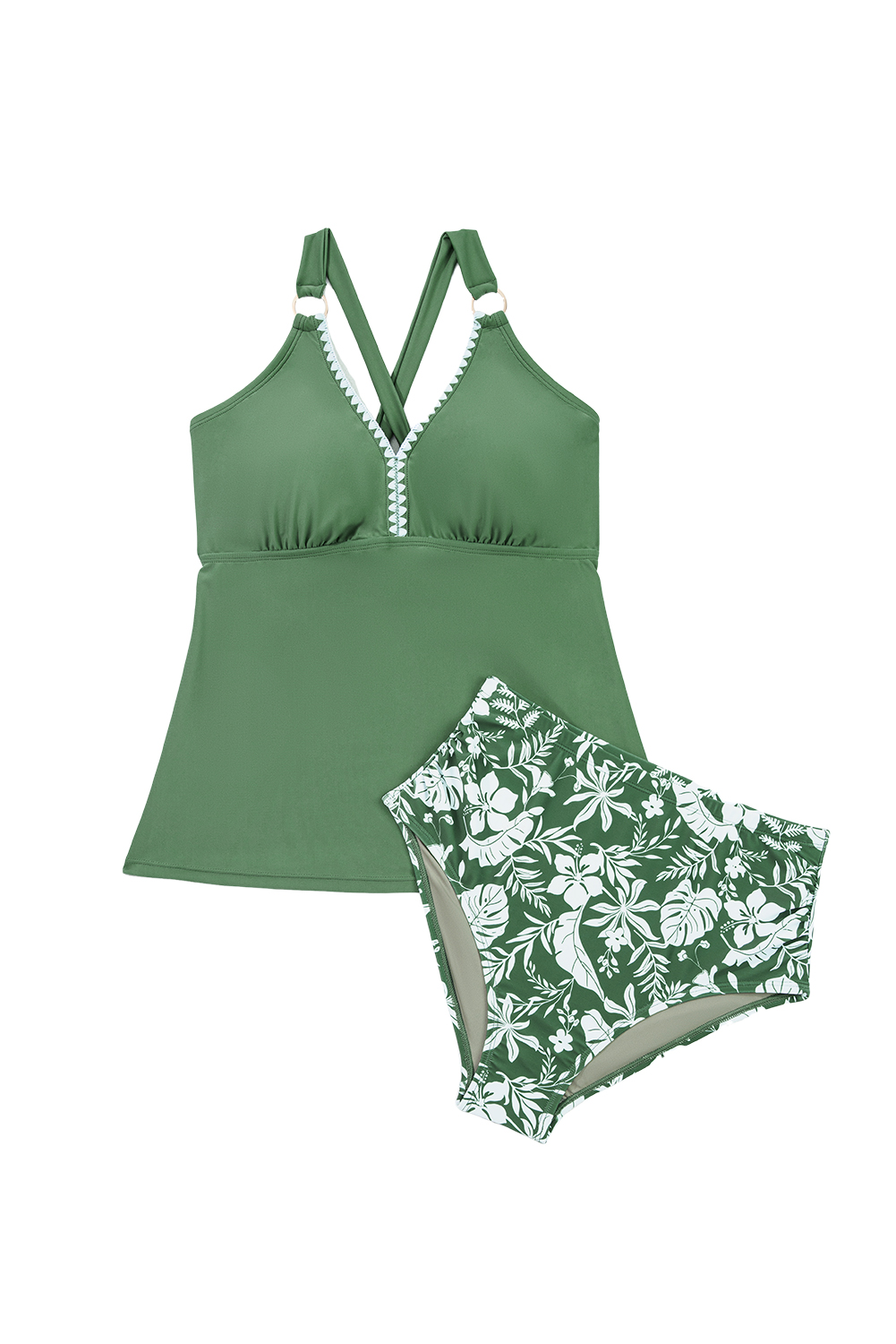 Floral Printed Tankini Swim Set – Padded V-Neck Top & Matching Shorts for Beach Vacation - Detail View 21