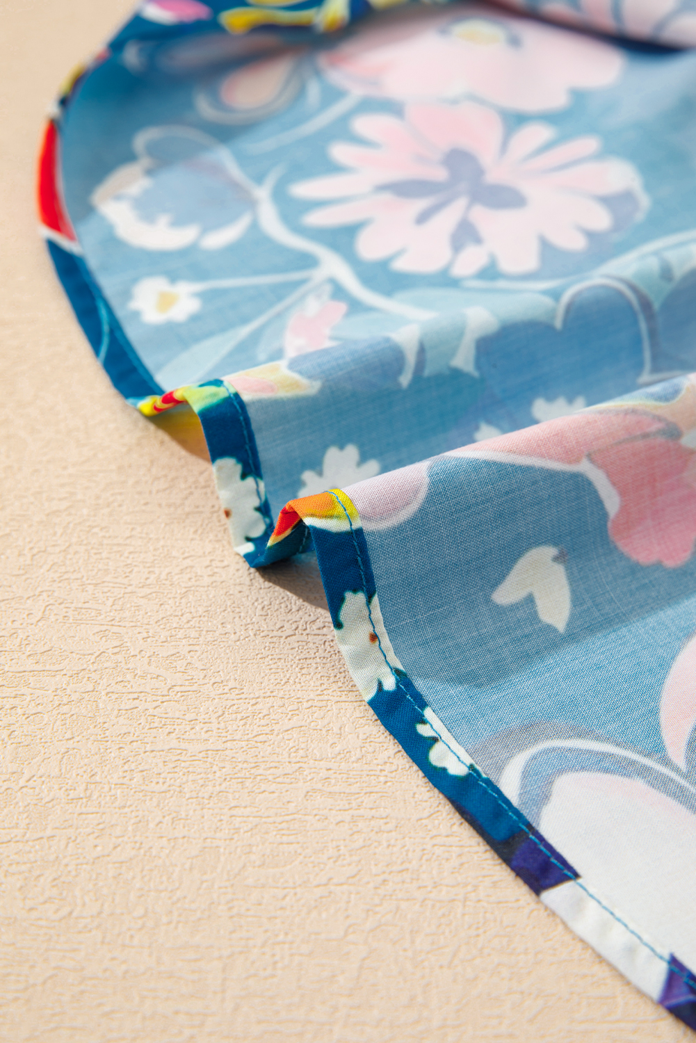 Women's Blue Floral Print V Neck Collared Puff Short Sleeve Blouse - Detail View 17