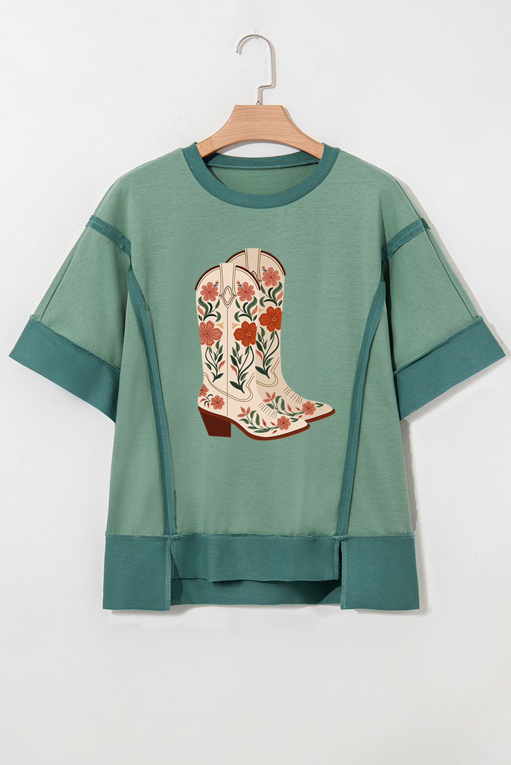 Women's Smoke Green Floral Boots Printed Raw Seam Patchwork Tee - Detail View 9
