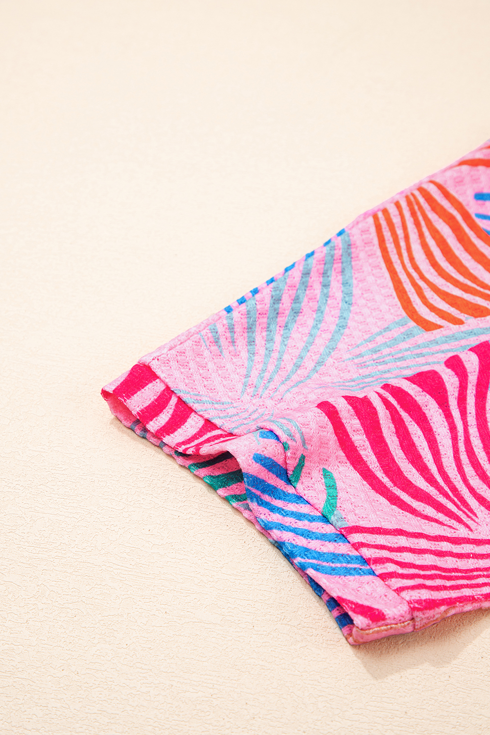 Stylish and Comfy Loose Fit Pink Waffle Knit T-Shirt with Bowknot Design - Detail View 10