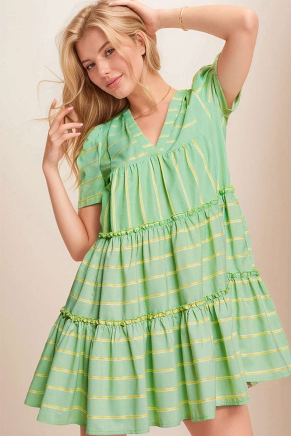Women's Green Stripe V Neck Short Sleeve A-Line Dress with Frilled Details - Detail View 5