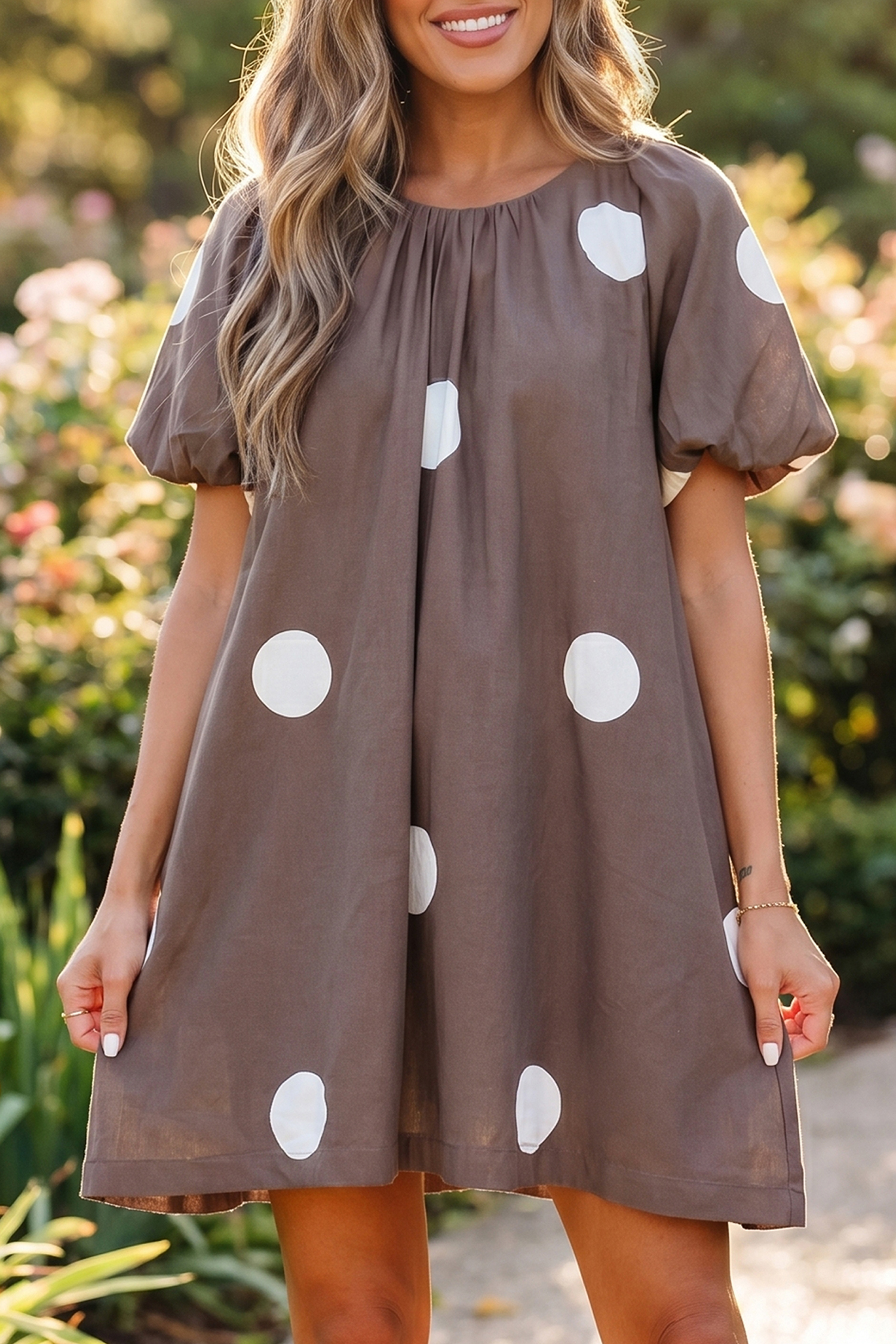 Women's Summer Polka Dot Mini Dress – Brown Puff Sleeve Knot Back A-Line Dress, Stylish Seasonal Gift for Her - Detail View 3
