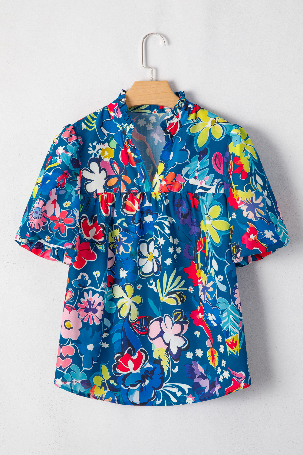Women's Blouse, Blue Floral Print, Puff Short Sleeves, V Neck, Collared, Casual, Feminine Charm, Relaxed Fit, Everyday Style, Summer Fashion, Elegant Design, Tops, Blouses & Shirts - Detail View 12