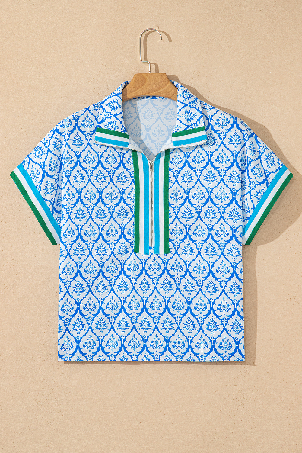 Chic Sky Blue Blouse with Geometric Print and Half Zipper - Perfect for Daily Style - Detail View 2