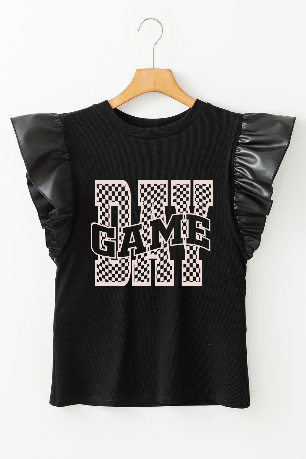 Edgy Black Round Neck T-Shirt Featuring Checkered Letter Print and Ruffle Details - Detail View 7
