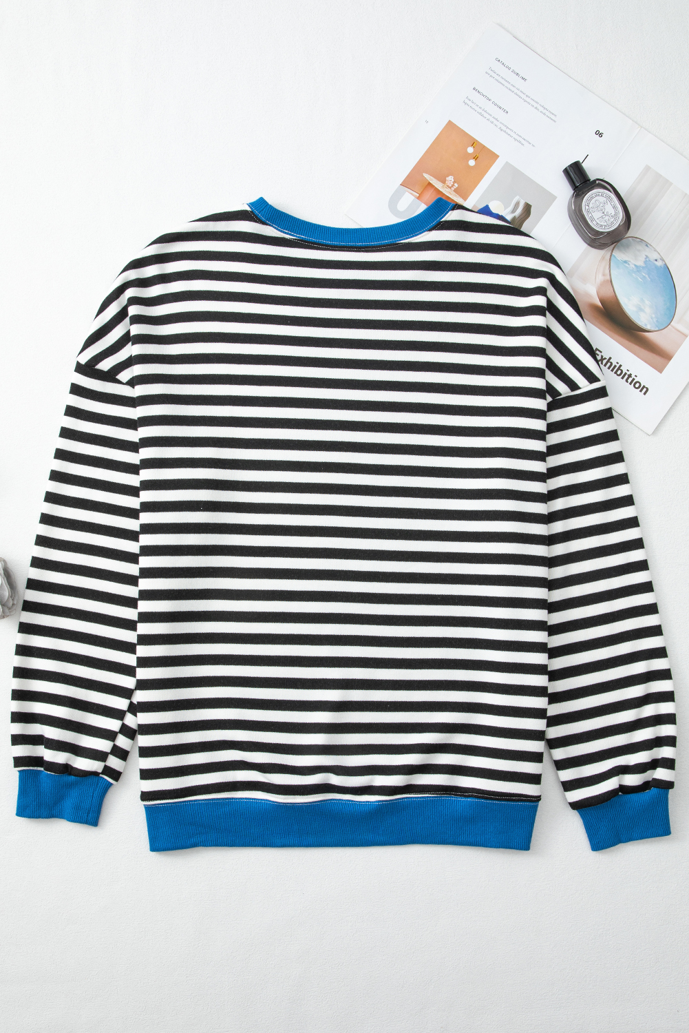 Women's Sweatshirt, White Stripe, Contrast Ribbed Trim, Drop Shoulder, Long Sleeve, Casual Style, Fall Fashion, Oversized Fit, Relaxed Vibe, Comfortable Wear, Everyday Outfit, Cotton Blend, Stylish Sweatshirts - Detail View 8