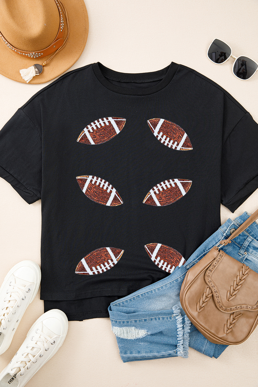 Casual Black Graphic Tee with Eye-Catching Sequin Rugby Patches - Detail View 2