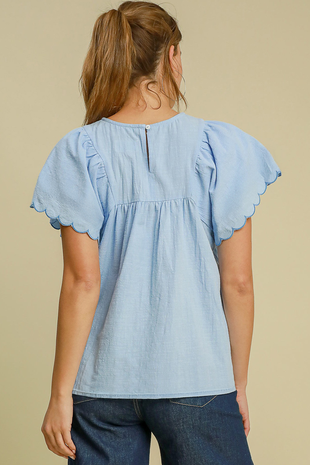 Elegant Crew Neck Blouse for Women - Intricate Embroidery and Scalloped Short Sleeves - Detail View 2