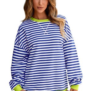 Women's Sky Blue Stripe Contrast Ribbed Trim Drop Shoulder Baggy Sweatshirt - Main View