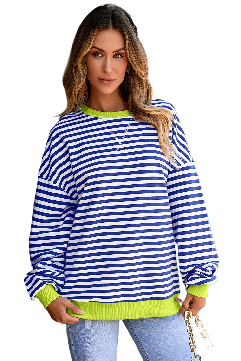 Women's Sky Blue Stripe Contrast Ribbed Trim Drop Shoulder Baggy Sweatshirt - Main View