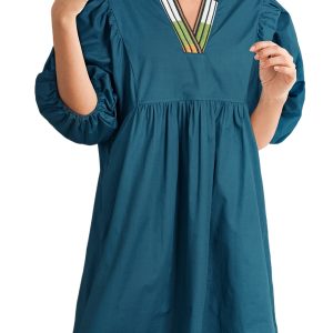 Women's Blue Sapphire Colorblock Split V Neck Puff Sleeve Mini Dress - Main View