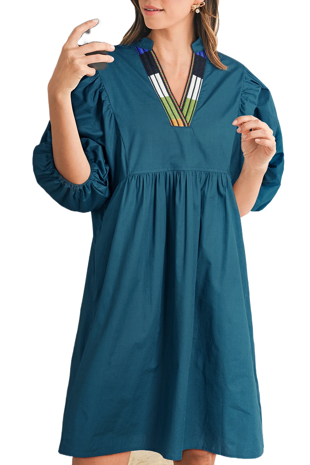 Women's Blue Sapphire Colorblock Split V Neck Puff Sleeve Mini Dress - Main View