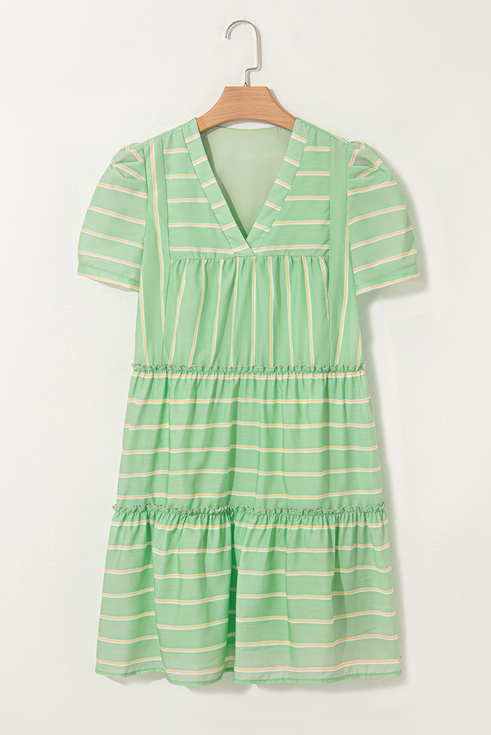 Elegant Summer Mini Dress: Green Striped V Neck with Frill Design - Detail View 6