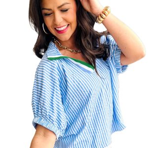 Women's Sky Blue Striped Print Dolman Sleeve Blouse with Split Neck - Main View