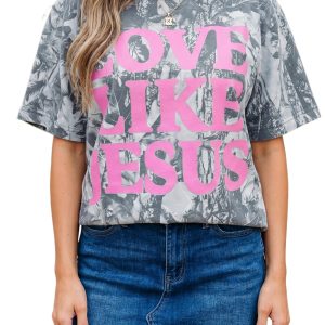 Women's Pink Camo Woodland Letter Print T-Shirt – Casual Short Sleeve Round Neck Shift Tee - Main View