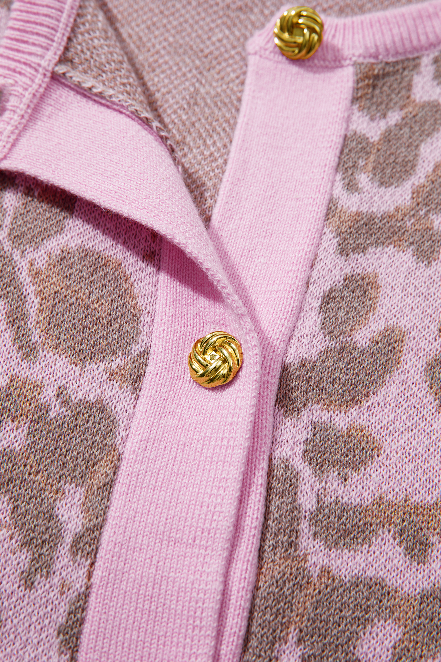 Women's Pink Leopard Button Down Short Sleeve Sweater Cardigan – Casual Knit Top for Daily Wear - Detail View 7