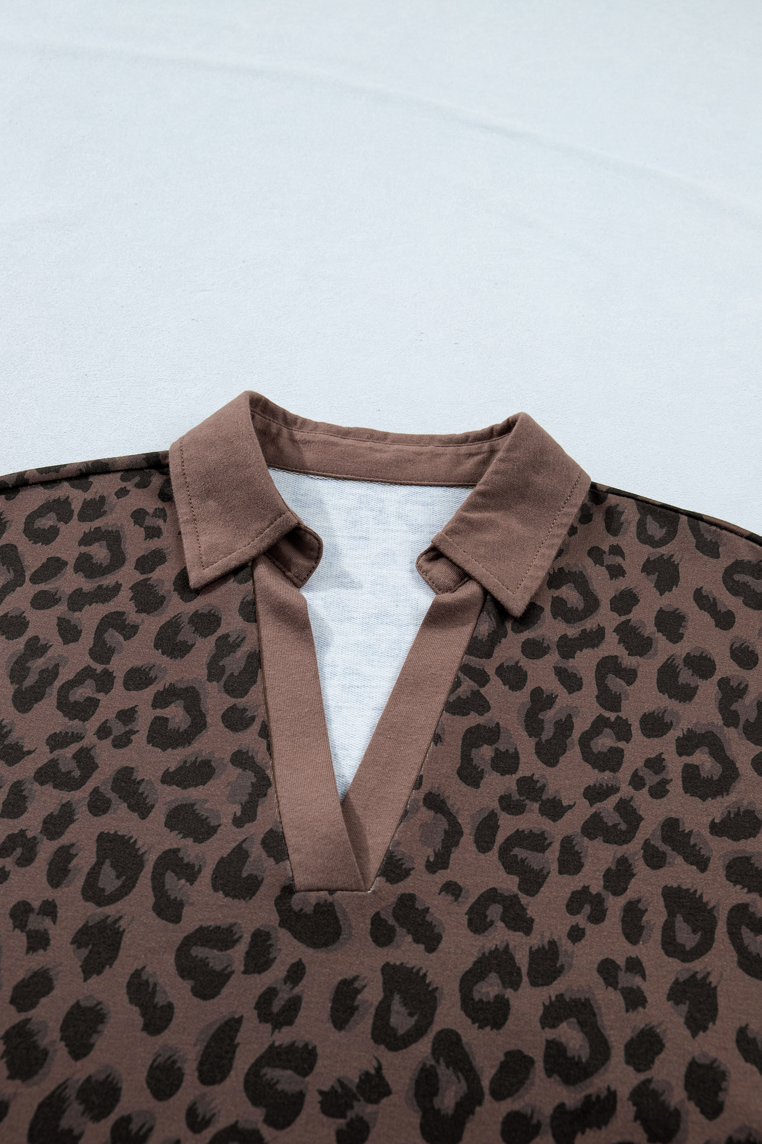 Women's Brown Leopard Print Mini Dress – Short Sleeve Shift Dress with Contrast Collar for Summer Daily Wear - Detail View 7
