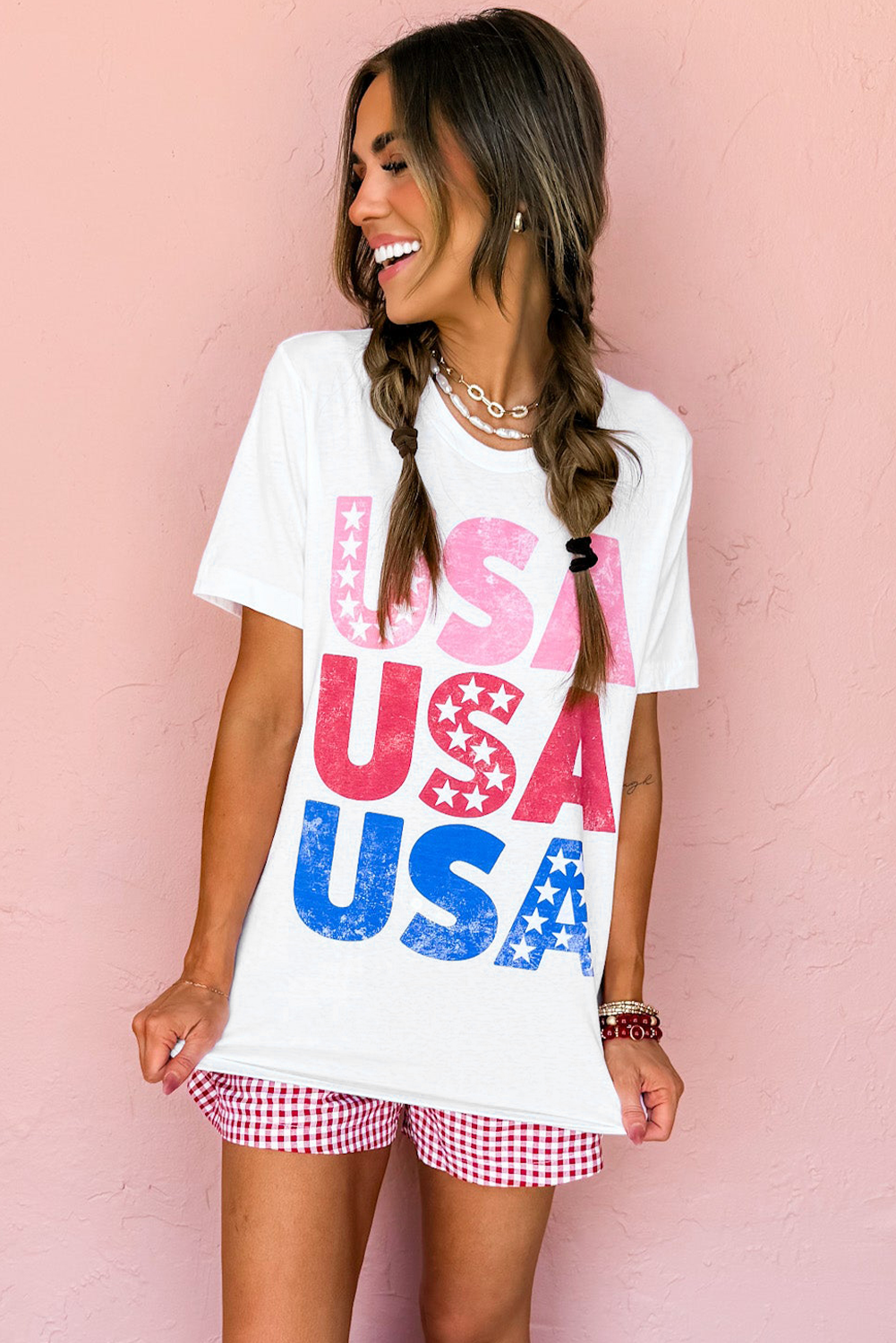 Women's Graphic T-Shirt, White USA Tee, Letter Graphic, Casual Style, Summer Clothing, Round Neck, Cuffed Sleeves, Cotton Blend, Comfortable Fit, Daily Wear, Trendy Top, Shift Silhouette, Independence Day Apparel - Detail View 8