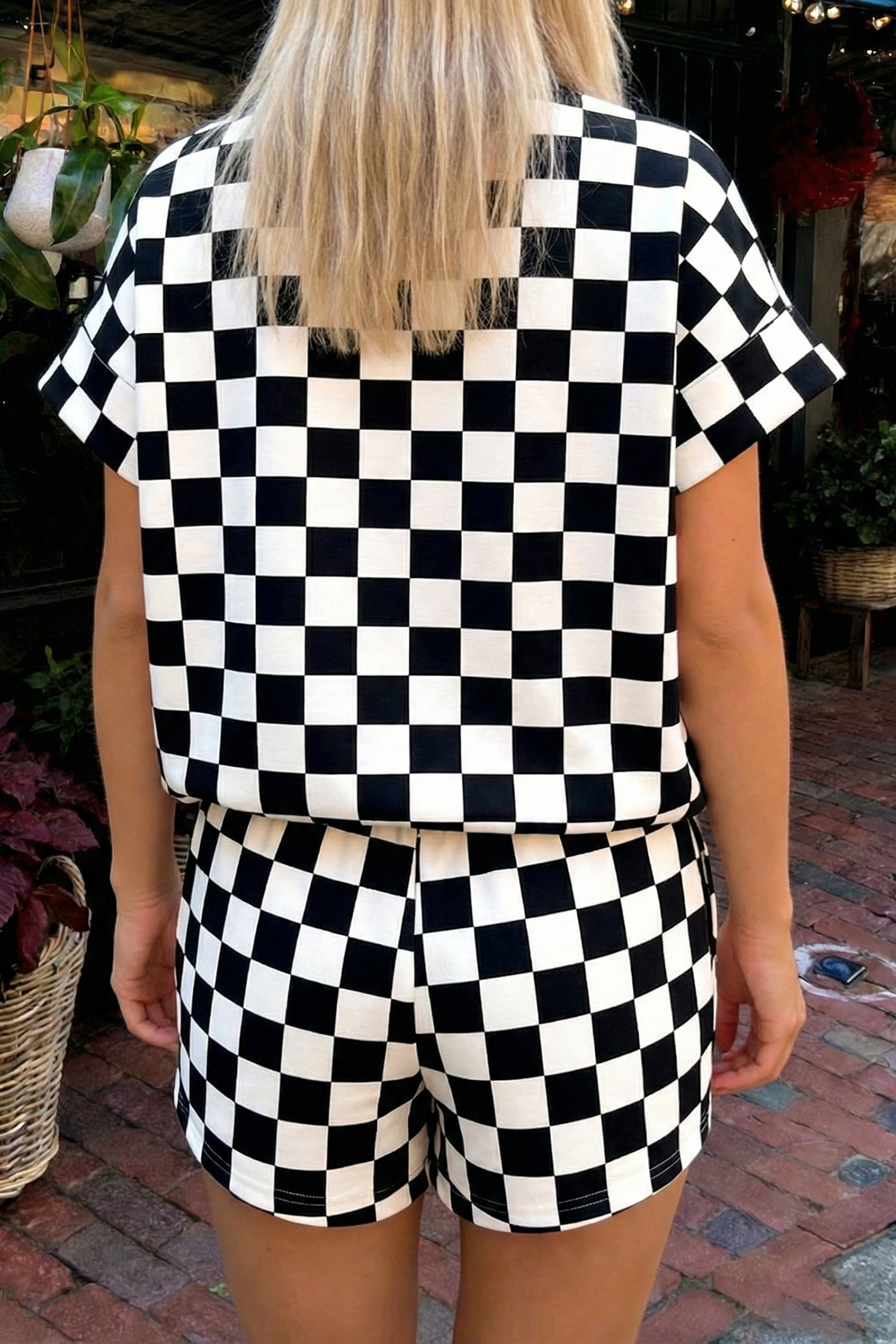Chic Plaid Colorblock Short Set for Women – Comfortable Mock Neck Casual Two-Piece Lounge Outfit - Detail View 2