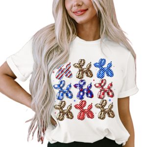 Women's White American Flag Balloon Dog Print Crew Neck T-Shirt for July 4th - Main View