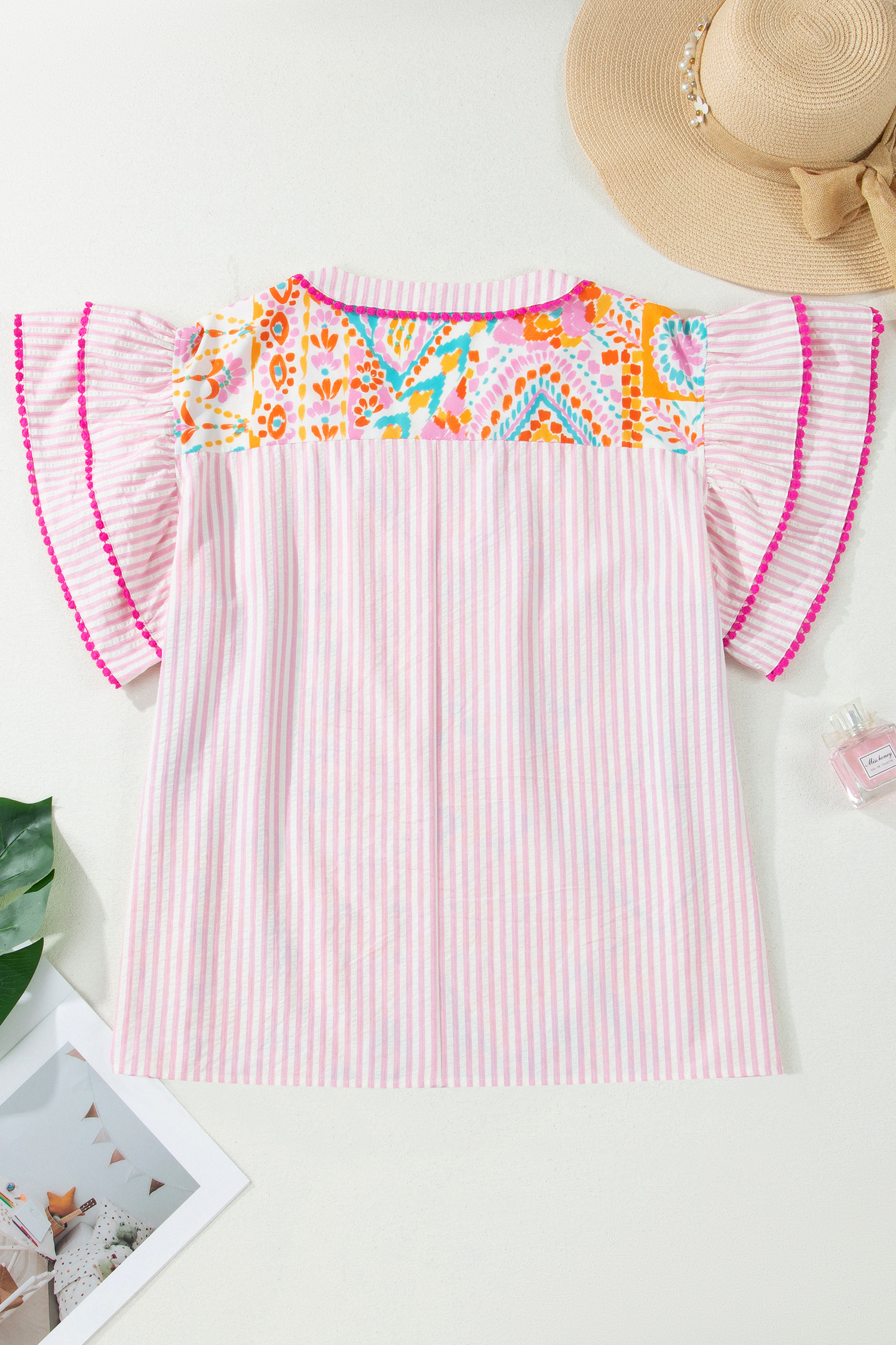 Plus Size Summer Shift Blouse for Women - Bohemian Rose Geometric V-Neck Casual Top - Detail View 5