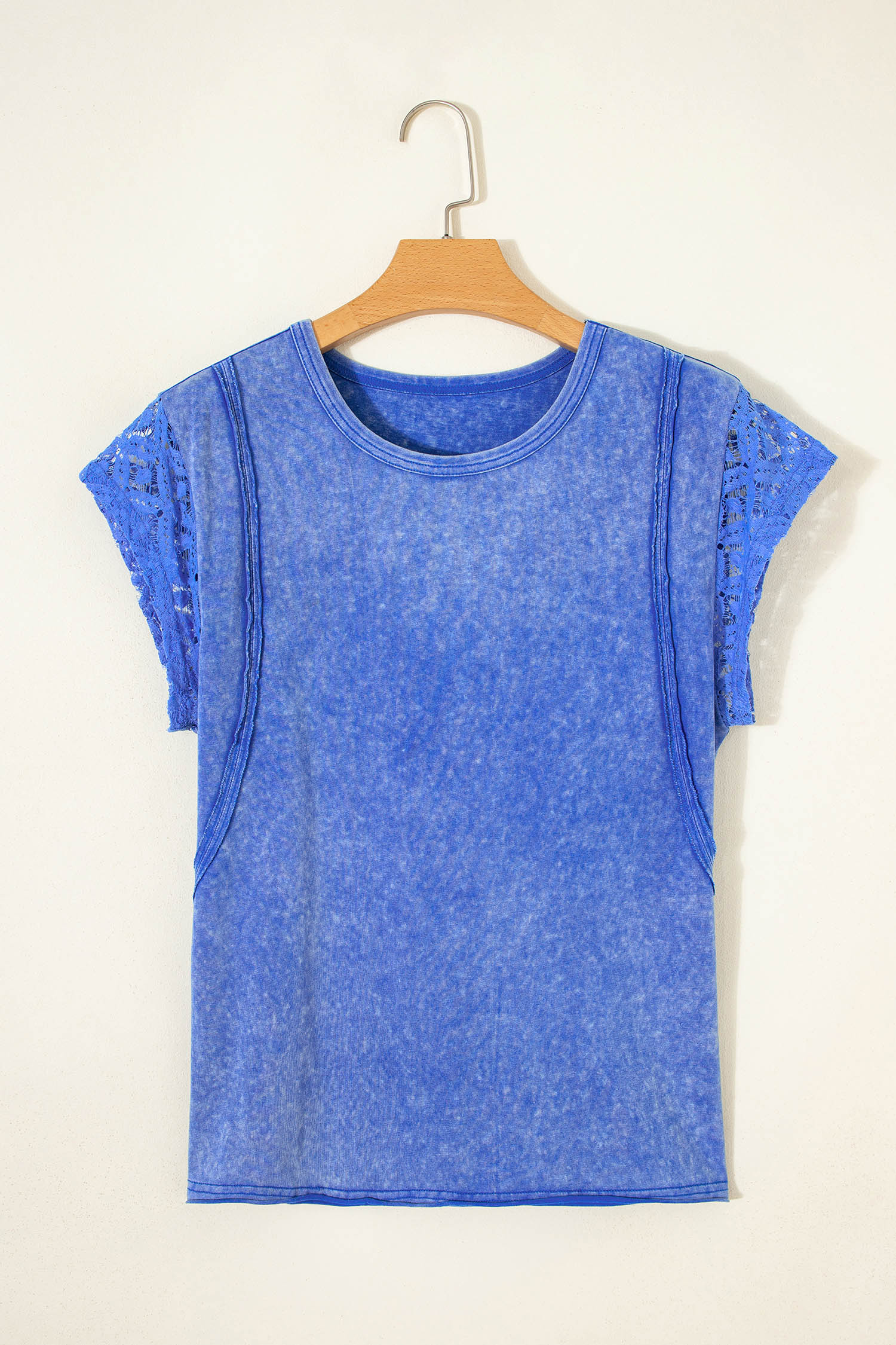 Women's Lace Sleeve Cotton T-Shirt – Sky Blue Mineral Wash Casual Shift Top for Daily Wear - Detail View 3