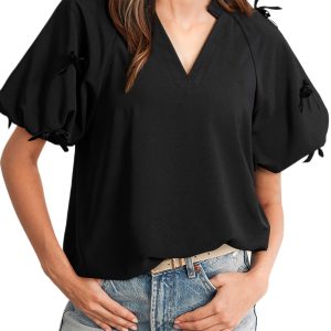 Women's Black Puff Sleeve Bow Decor Split Neck Blouse - Elegant V Neck Top - Main View
