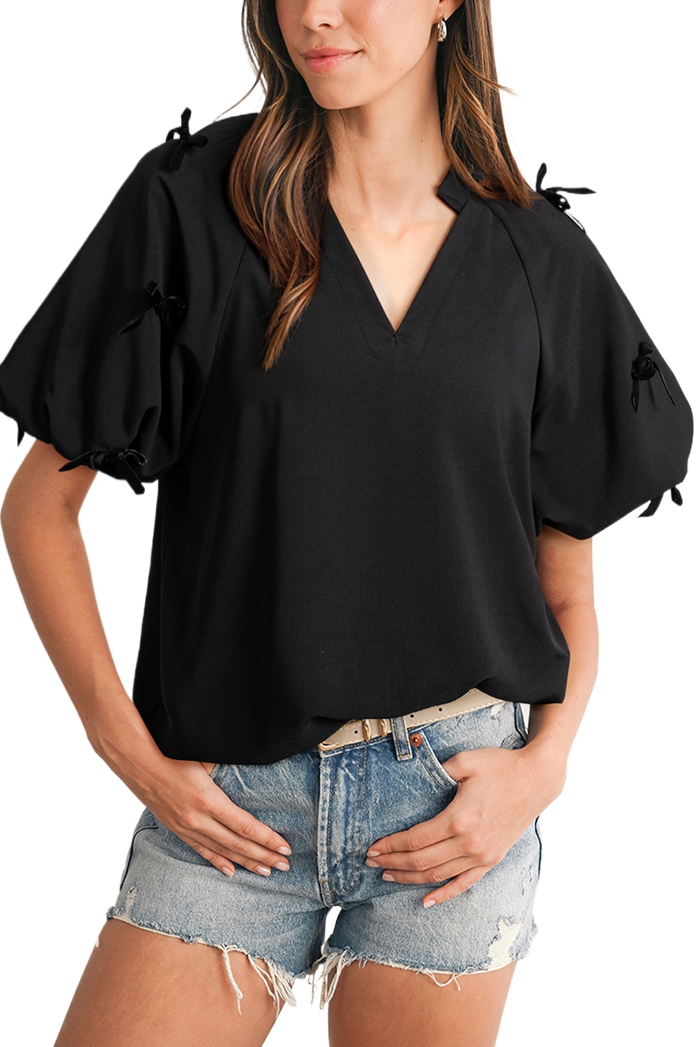 Women's Black Puff Sleeve Bow Decor Split Neck Blouse - Elegant V Neck Top - Main View