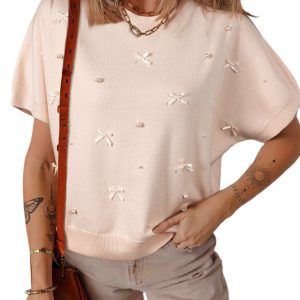 Elegant Oatmeal Pearl Bow Embellished Dolman Short Sleeve Sweater for Women - Main View