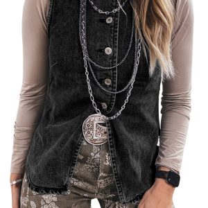 Women's Black Denim Vest – Button-Down Front Slit Waistcoat for Western Casual Style - Main View