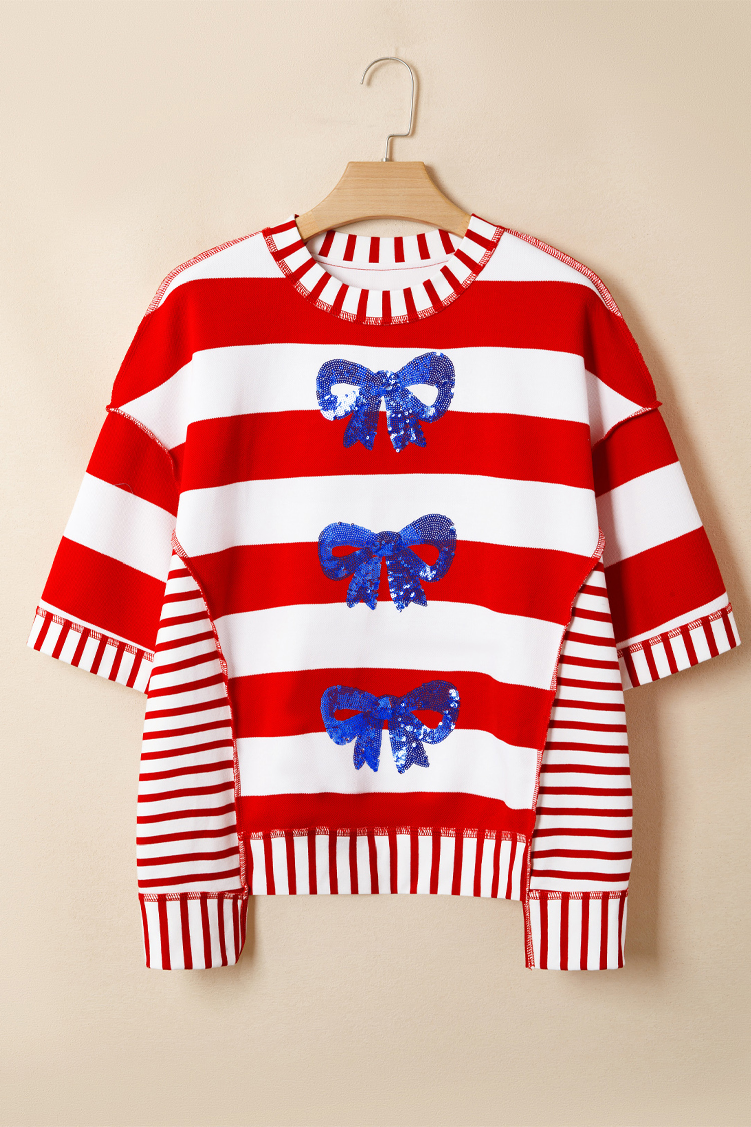 Festive Women's Red Striped Shift Top – Sequin Bow Detail Half Sleeve Tee, Patriotic Gift for Summer Events - Detail View 3