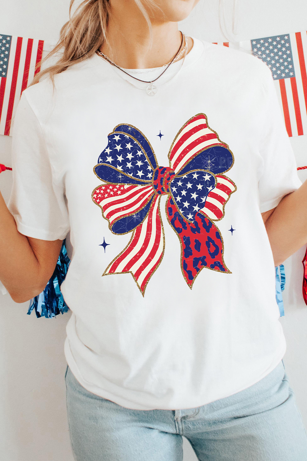 Casual Round Neck Tee with Playful Bow Accent - Independence Day Style - Detail View 6