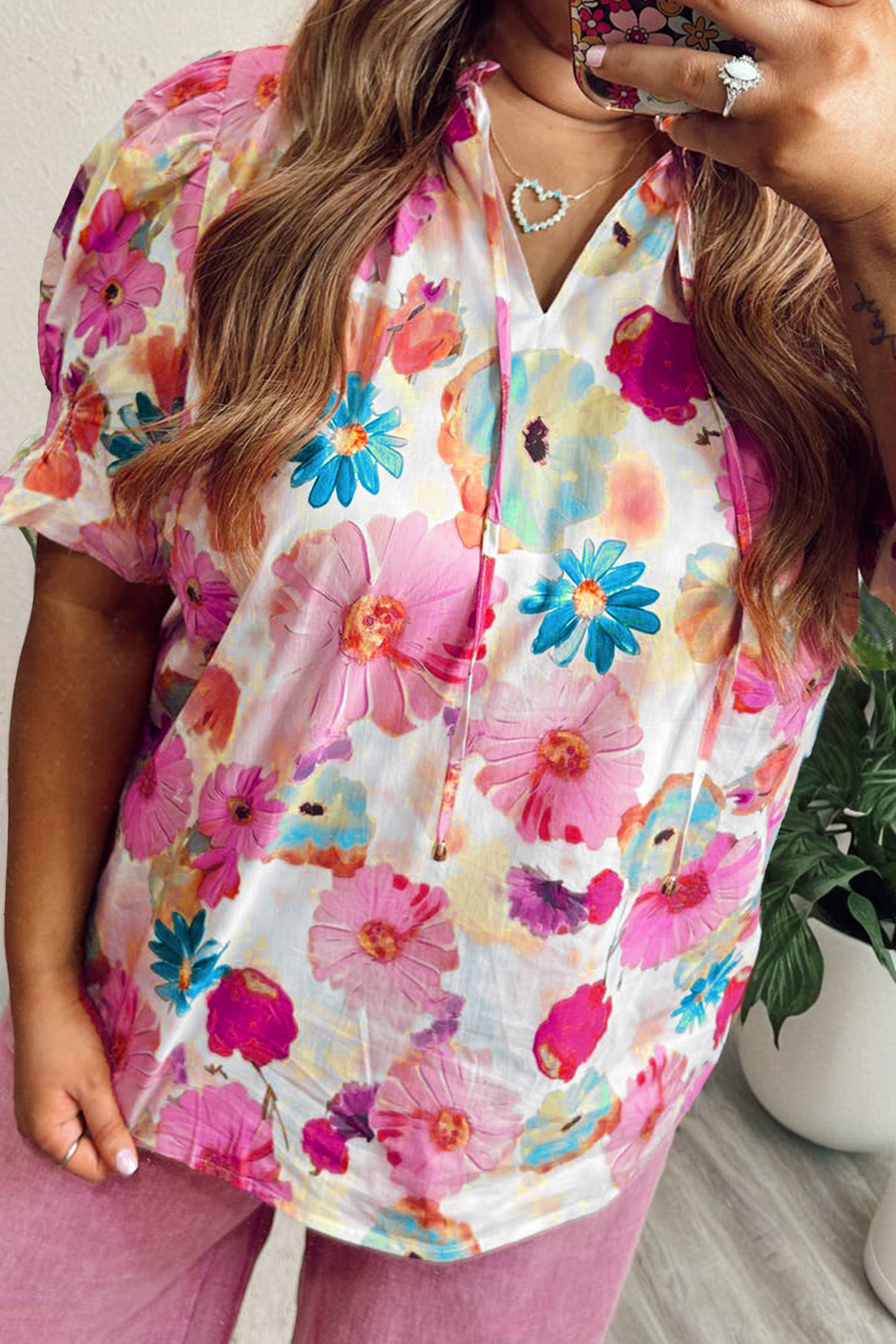 Southern Belle Pink Floral Print Blouse for Women – Summer Short Sleeve V-Neck Cotton Blend Top - Detail View 2