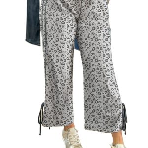 Women's Gray Leopard High Waist Straight Leg Pants with Side Bow Detail - Main View