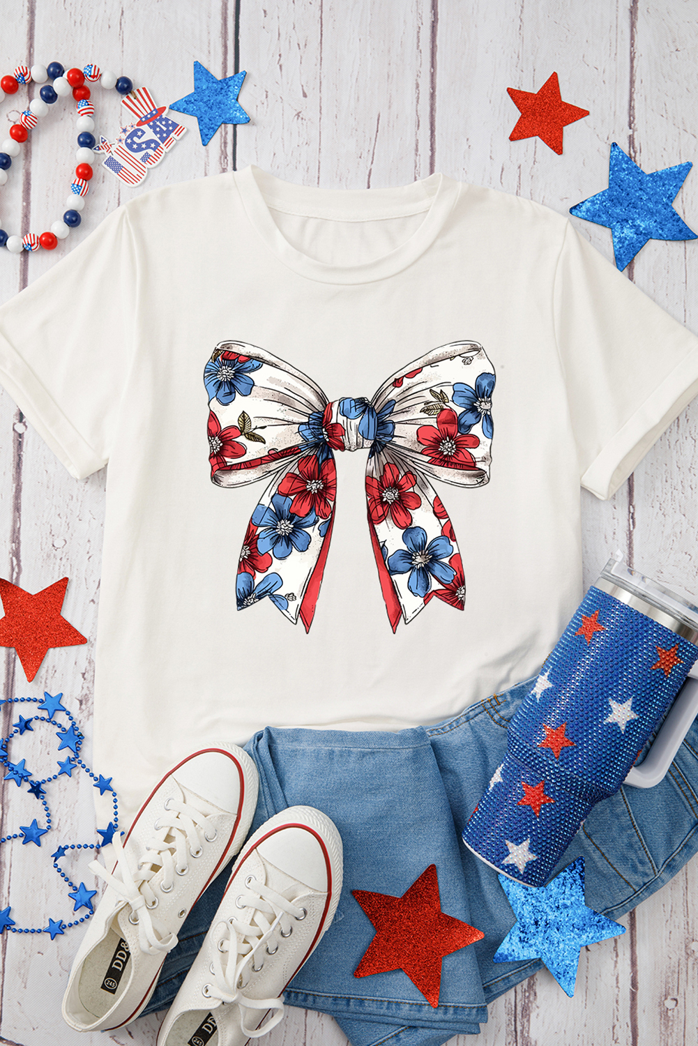 Festive USA Flag Inspired Bowknot T-Shirt - Perfect for Summer Celebrations and Casual Wear - Detail View 3