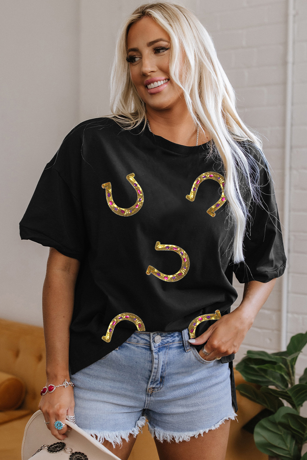 Women's Black High Low Hem Casual T-Shirt with Shiny Western Horseshoes Print - Detail View 9