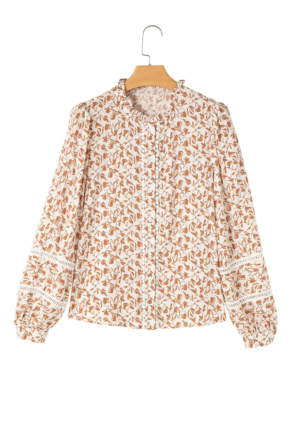 Women's Blouse, Khaki Floral Print, Lace Detail, Puff Sleeves, Fall Fashion, V Neck, Casual Style, Daily Wear, Elegant Design, Comfortable Fit, Tops, Blouses & Shirts, Effortless Styling - Detail View 12