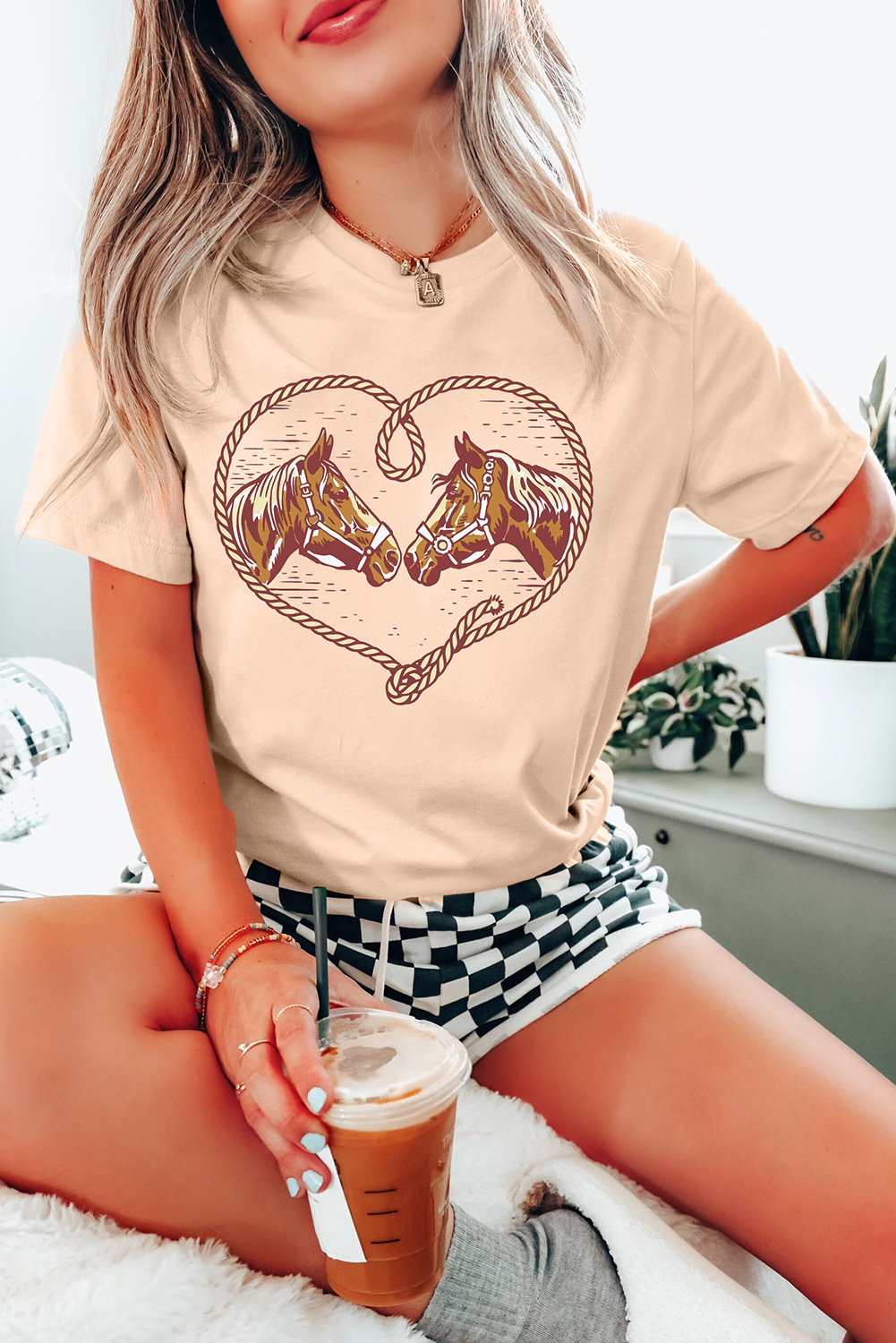 Western Style Graphic Tee for Cowgirls - Khaki with Heart-Shaped Rope Design - Detail View 2