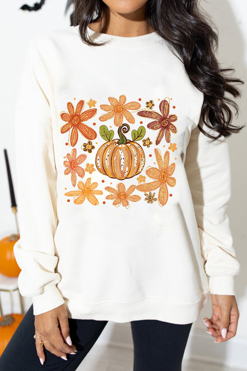 Chic Floral & Pumpkin Graphic Pullover - Perfect for Fall Fashion - Detail View 6