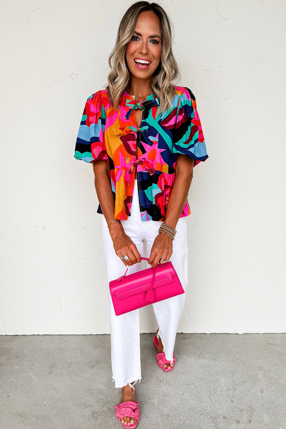 Vibrant Red Abstract Print Blouse - Feminine Puff Sleeves and Knot Detail - Detail View 6