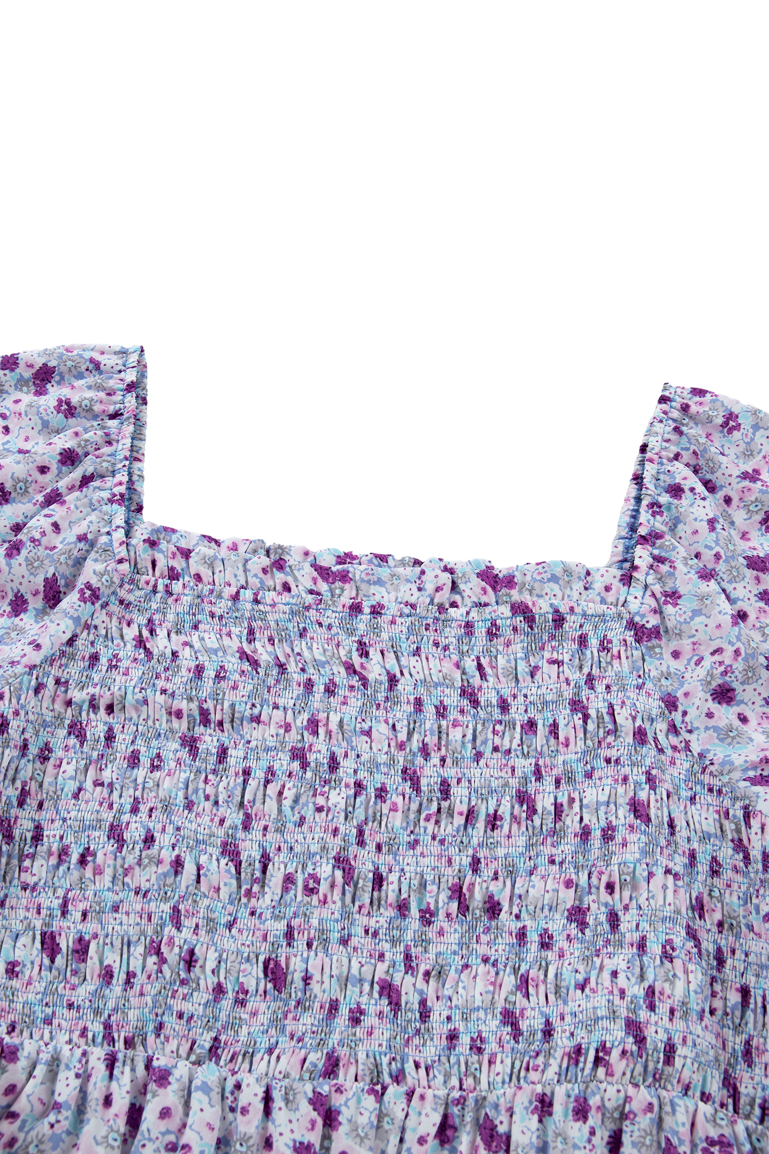 Women's Purple Floral Maxi Dress – Smocked Square Neck Summer Dress, Casual High Waist Long Shift Dress - Detail View 10