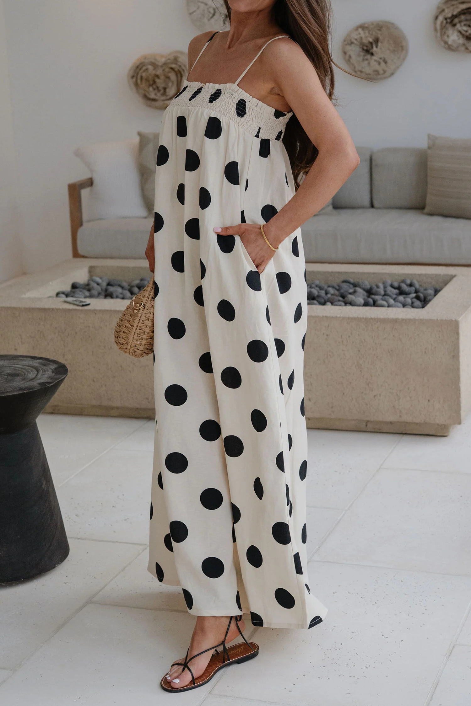 Women's White Polka Dot Maxi Dress – Summer Casual Spaghetti Strap Shift Style - Detail View 10